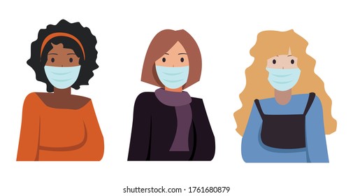 Ilustración vectorial de niñas de diferentes edades, colores y países que llevan máscaras médicas. Diversas personas usando el concepto de máscaras. Ilustración vectorial de dibujos animados