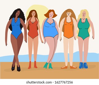 vector illustration of girls with different shapes. Women of different nationalities and different height, type of women, set of women vector