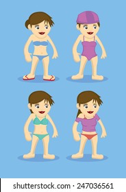 Vector illustration of girls in different style of swimming attire isolated on blue background