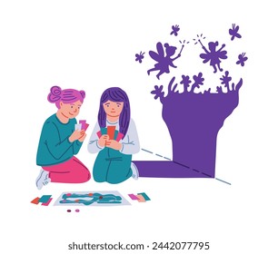 Vector illustration of girls doing creative play, imagination and thinking. Children's leisure time without gadgets on an isolated background. Artistic recreation scene on isolated background