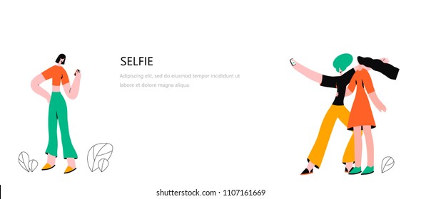 Vector illustration with girls doing selfie. Use in a web project and applications.