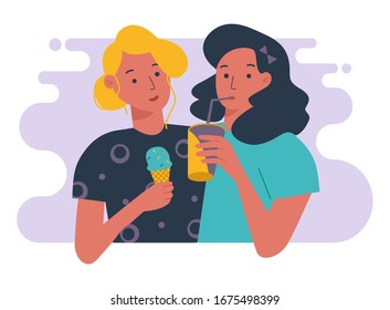 Vector illustration. Girls eat ice cream and drink drinks.