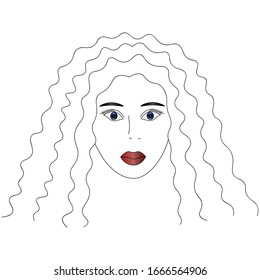 Vector illustration of a girl's face with blue eyes. Full face. Hairstyle luxuriant long hair. Her plump lips were painted with garnet lipstick. Face on an isolated background.  Young woman.