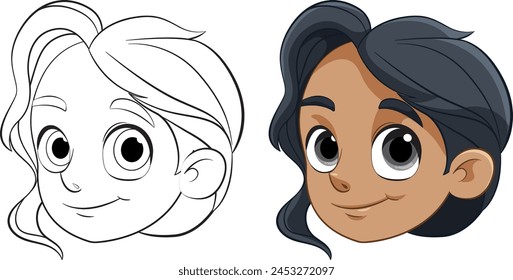 Vector illustration of girl's face, colored and line art