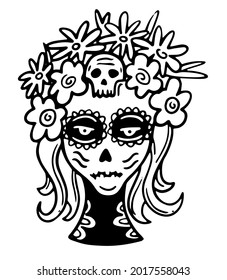Ilustración vectorial de la cara de una niña decorada. Día de los Muertos. México. dibujo a mano, garabato