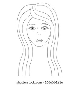 Vector illustration of a girl's face. Full face. Long hair and eyelashes. Puffy lips. Face on an isolated background. Coloring book for children and adults. Idea for book, web design. Doodle style.