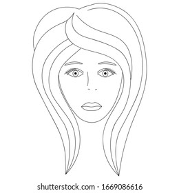 Vector illustration of a girl's face. Full face. Haircut for medium cascade hair. Puffy lips. Face on an isolated background. Coloring book for children and adults. Idea for book, web design. Doodle.