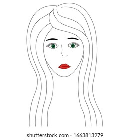 Vector illustration of a girl`s face with green eyes. Full face. Long eyelashes. Black eyebrows. Her lips were painted red. Long hair. Face on an isolated background. Idea for a book, magazine.