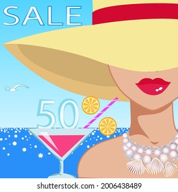 Vector illustration - a girl's face in a hat with a glass of cocktail, in which there is ice in the form of number 50, a tube with orange mugs in the form of a percent sign, an inscription discount