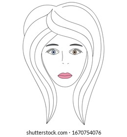 Vector illustration of a girl's face with heterochromia. One eye is blue, the other is brown. Full face. Haircut for medium cascade hair. Plump lips are made up with pink lipstick. Face on an isolated