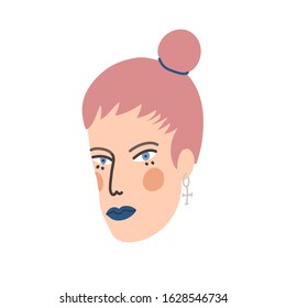 Vector illustration with a girl's face. Portrait of young lady with pink hair and blue lipstick.