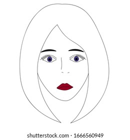 Vector illustration of a girl's face with violet eyes. Full face. Long eyelashes. Black eyebrows. Lips are painted with scarlet lipstick. Classic hairstyle. Face on an isolated background.