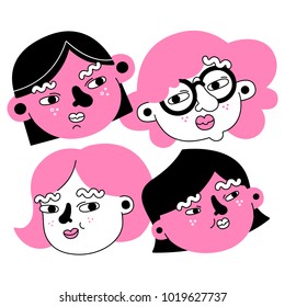 Vector illustration of girls faces. Design for posters, stickers, embroidery, badges, pins and clothing