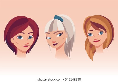 Vector illustration of girls faces with different kinds of hairstyles, hair colors. Beautiful young women with dyed hair.