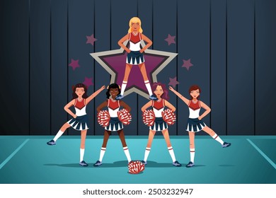 A vector illustration of Girls in Formation During Cheerleading Competition