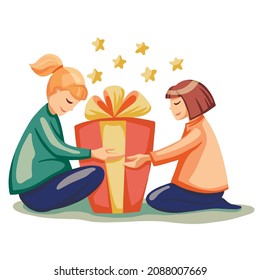Vector illustration. Girls with a gift 