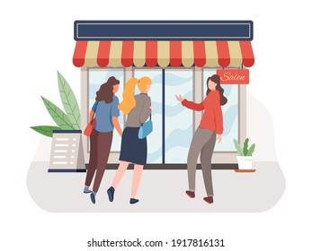 Vector illustration Girls go to the salon. Woman in beauty salon, Beautiful girl haircut styling. Cosmetic salon customer, Concept of care and beauty. Vector in a flat style