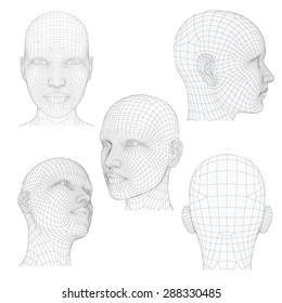 Vector Illustration Of A Girl's Head From Different Angles. Polygonal Covering Skin. Isolated.