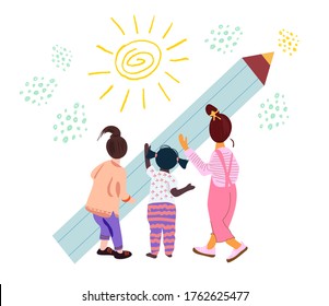 Vector illustration of girls hold big pencil and drawing. Hand writing prosess. Creative children. Human cartoon character on white isolated background