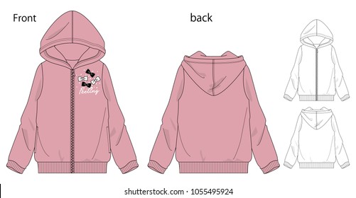 Vector illustration of Girls Hooded full zip parka. Front and back views.