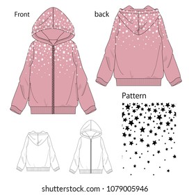 Vector illustration of Girls Hooded full zip parka. Front and back views.