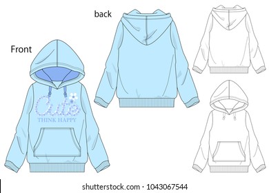 Vector illustration of Girls Hooded  sweatshirt. Front and back views.