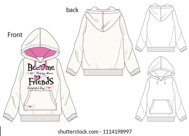 Vector illustration of Girls Hooded  sweatshirt. Front and back views.