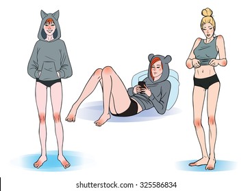 Vector illustration of girls in hoodies and underwears
