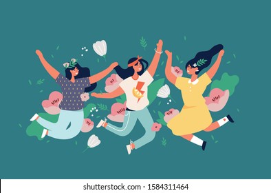 Vector illustration girls jumping with flowers and blossom, leaves. Happy woman enjoying yourself