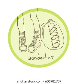 Vector illustration of girl's legs in trekking boots and bag. Green circle design. Wanderlust.