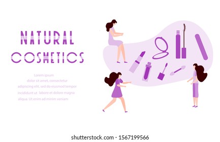 Vector illustration with girls, natural cosmetics inscription, mirror, lipstick, mascara, nail file Beauty cosmetic salon Woman stuff, makeup Decorative cosmetics Girls accessory concept Fashion style