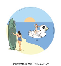 Vector illustration of girls on the beach. Summer holidays as a print, logo, blank for designers