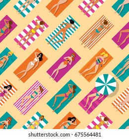 Vector illustration of girls on the beach top view. Vector pattern. Woman's sunbathing on striped towels on a beach. Summertime vector Illustration.