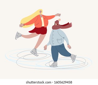 vector illustration of girls on ice, friends having fun in the winter holidays. Married and single women in a public place, winter postcard