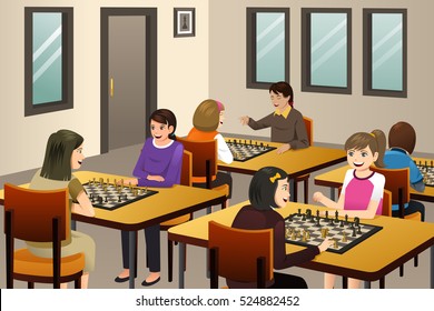 A vector illustration of Girls Playing Chess in a Chess Club