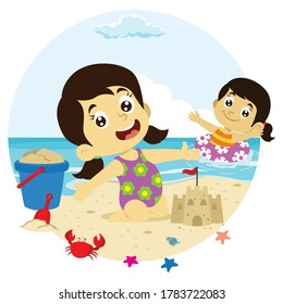 vector illustration of girls playing on the beach, summer vacation activity