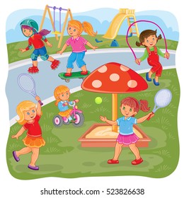 Vector illustration of a girls playing on the playground in tennis, jumping rope, skateboarding, roller skating and cycling