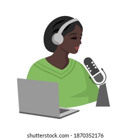Vector illustration girls podcast. Microphone. Woman work.
