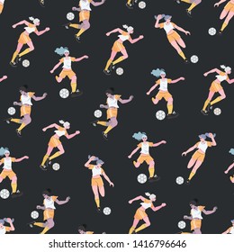 Vector illustration of girls in a professional uniform playing football or soccer. Seamless pattern with a women soccer team that can be used as a background for souvenir or promotional gifts.