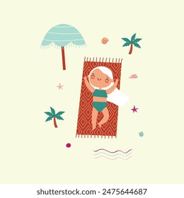 Vector illustration of girls relaxing on the beach. Relax. Sea, summer, vacation.