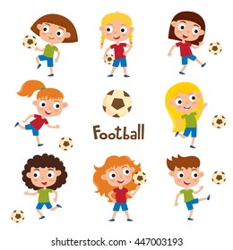 Vector illustration of girls in shirt and short playing football. Set of cute cartoon kids kicking soccer ball isolated on white background. Pretty football players. Collection of happy children.