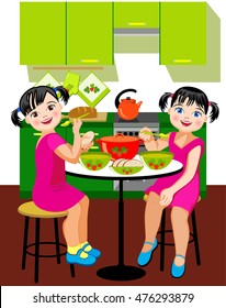 Vector Illustration.Two girls sisters dine at the table at home in the kitchen.