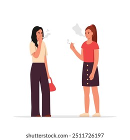 Vector illustration of girls smoking cigarettes.Cartoon scene of two girls dressed in a t-shirt, pants, skirt, with a handbag, wavy hair and a tail, smoking a cigarette isolated on a white background.