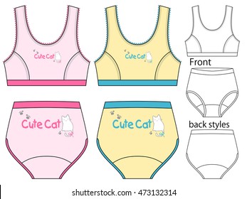Vector illustration of girl's sport underwear. Bra and panties. Front and back views