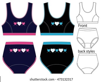 Vector illustration of girl's sport underwear. Bra and panties. Front and back views