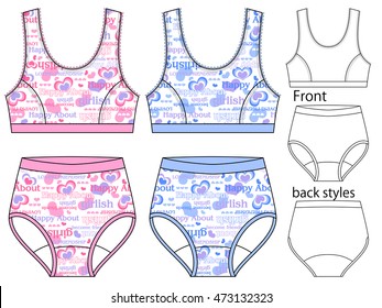 Vector illustration of girl's sport underwear. Bra and panties. Front and back views