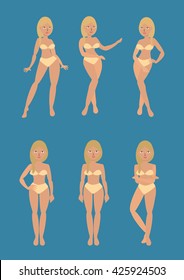 Vector illustration of girls standing in different poses in bikini with blonde hair on blue background