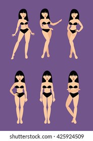 Vector illustration of girls standing in different poses in bikini with black hair on purple background