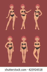 Vector illustration of girls standing in different poses in bikini with pink hair on red background