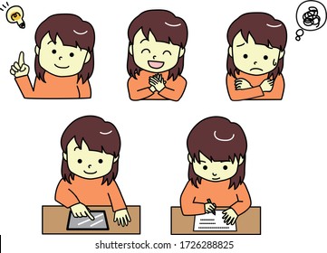 Vector illustration of girls studying. 5 patterns 
(idea,smile, worry, tablet operating, writing)